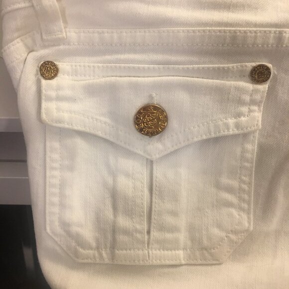 ROCK & REPUBLIC White Kiss Boot Cut Crop Raw Edge Hem Gold Buttons Jeans 28 - Picture 11 of 11